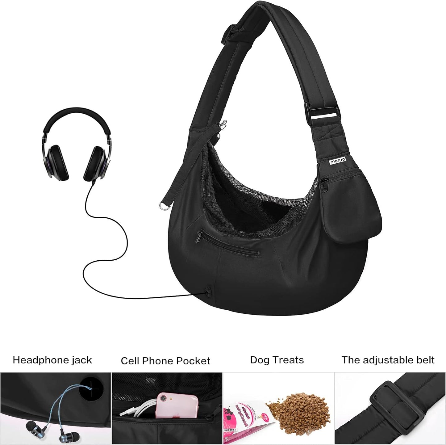 Small Dog Cat Sling Carrier, Pet Carrier Tote Bag Purse Hands Free Adjustable Padded Strap Breathable Polyester Soft Carrying Travel Shoulder Bag with Front Pocket for Dogs Cats, Black