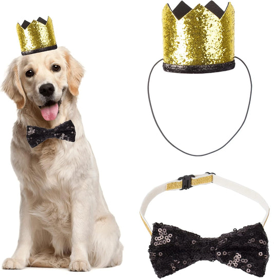 Wedding Dog Hat and Dog Bow Tie Set, Cute Wedding Dog Crown Hat and Dog Bowtie Collar for Dog Party Supplies (Black)